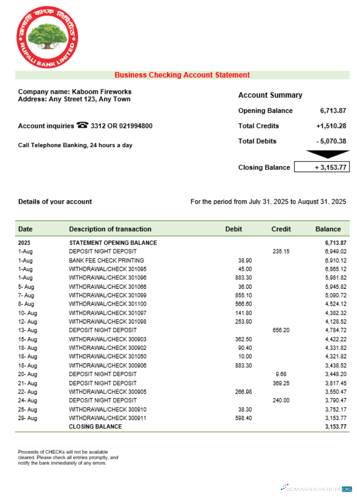 Download Rupali company checking account statement Word and PDF template Photoshop template